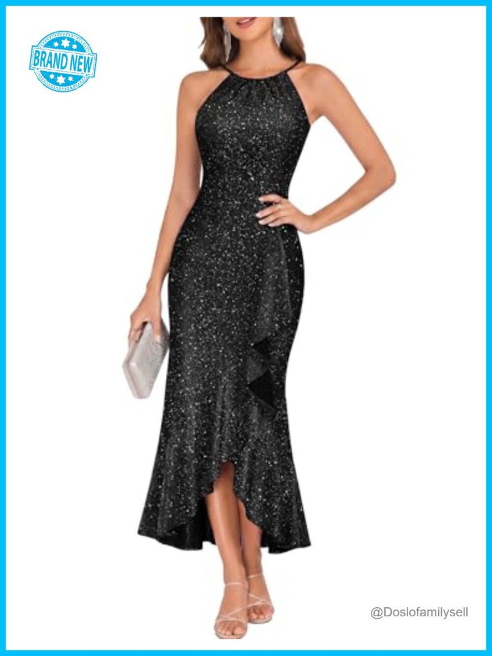 Sequin Formal Mermaid Halter Long Ruffle Cocktail Wedding Guest Dress